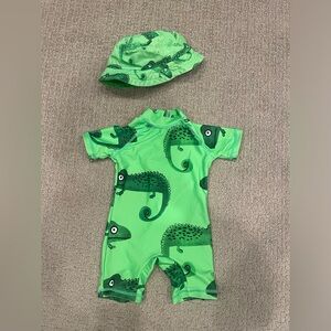 Chameleon swimsuit and hat. 12-18m